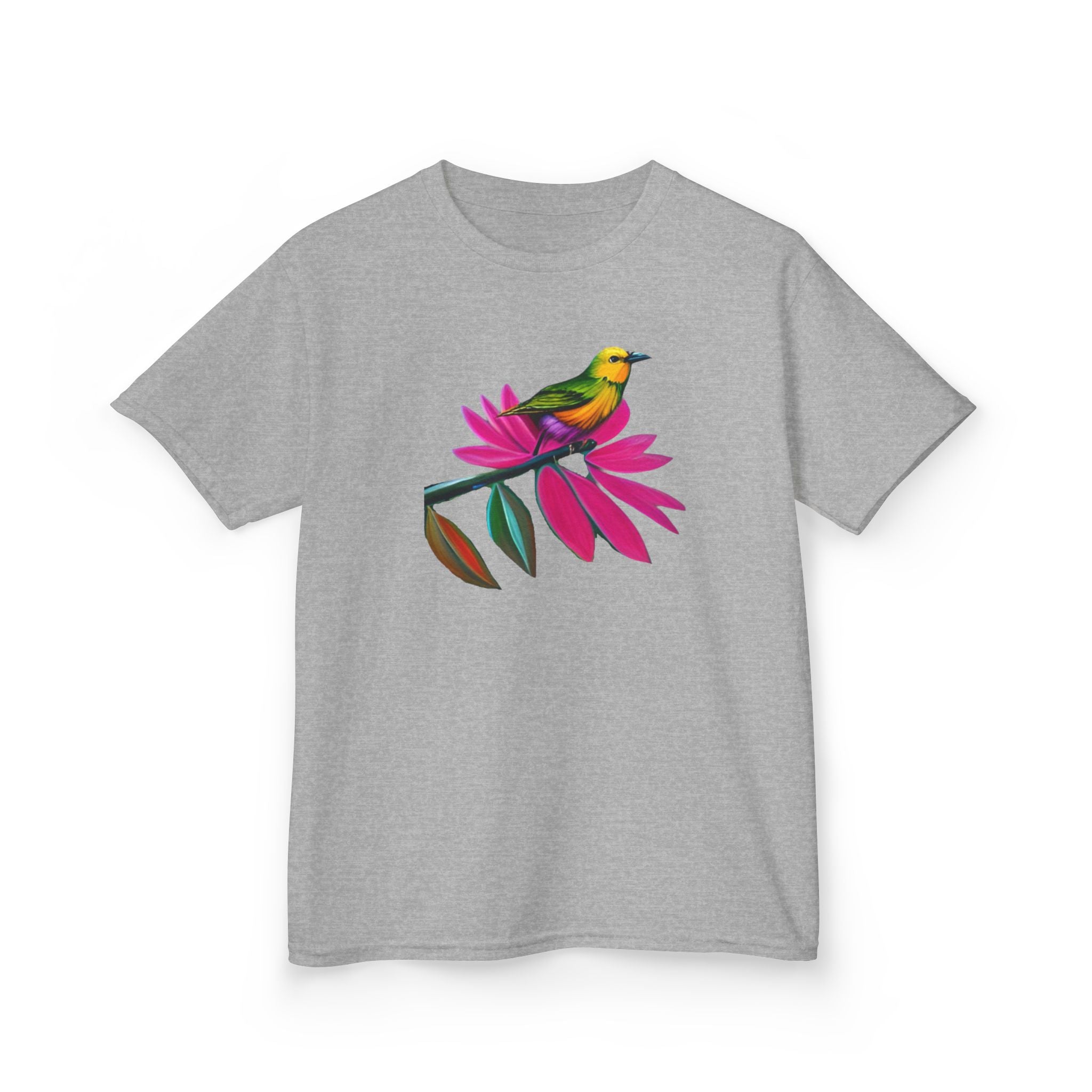 Birds on Floral Flow Kids T-Shirt, Children's Graphic Tee, Spring Bird Print Shirt, Nature Theme Youth Apparel, Kids Botanical Theme Top